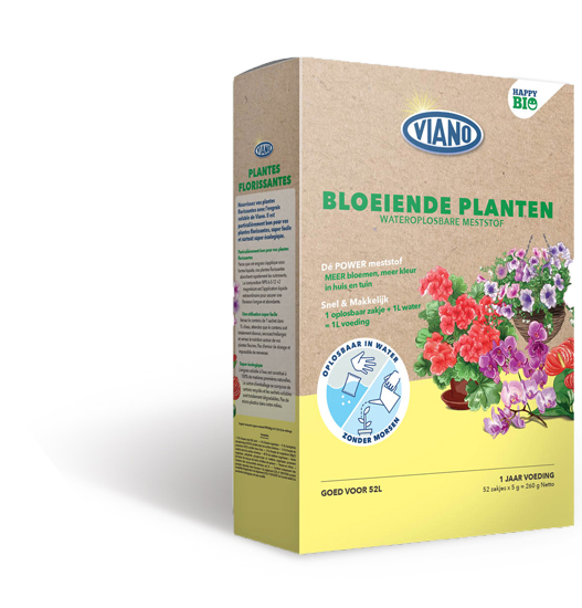 Viano Bio Happy wasserlösliches organisches Futter für blühende Zierpflanzen 4-3-10+MgO 50x5g