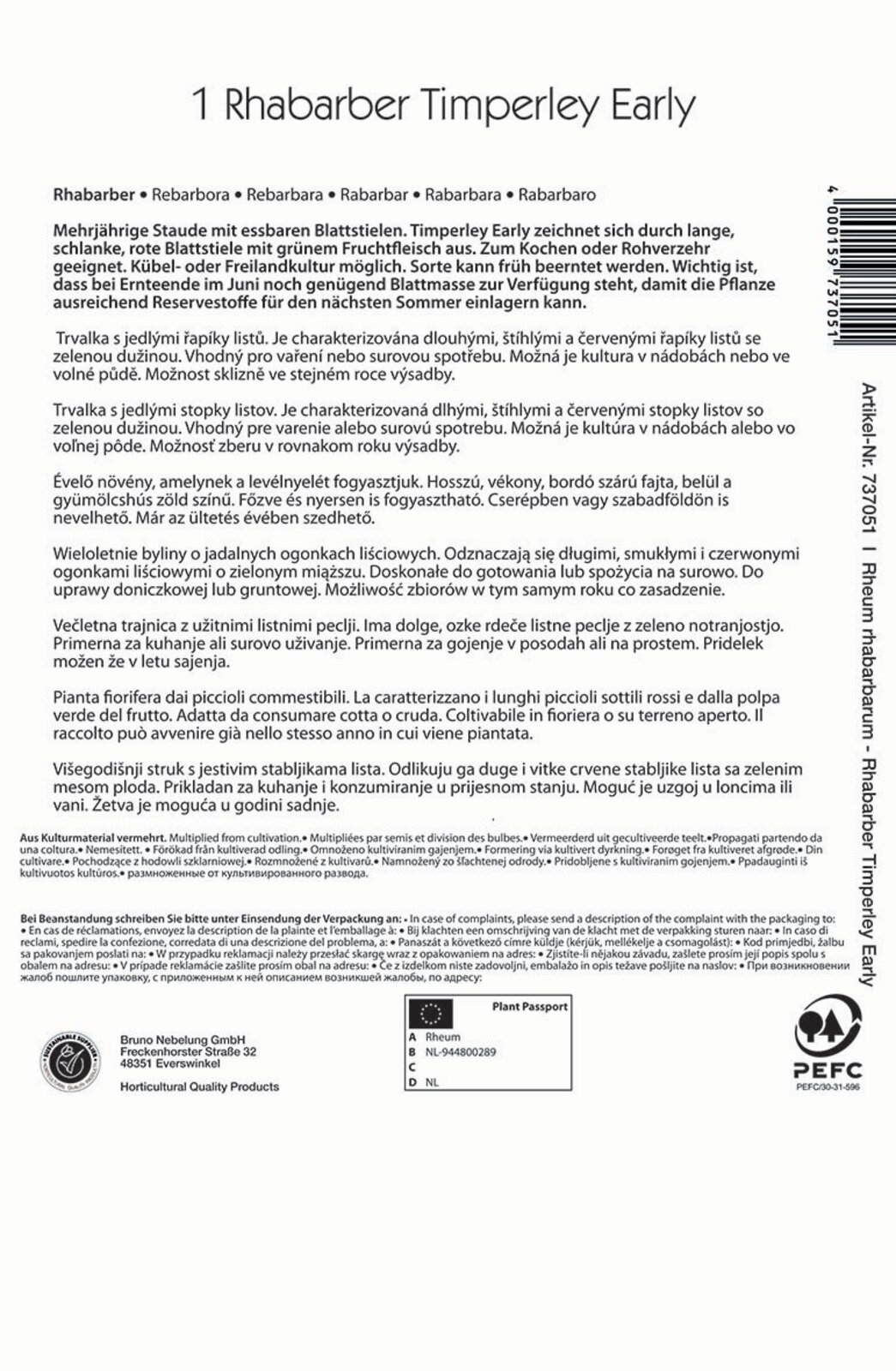 Rhubarb Timperley Early Kiepenkerl 1 plant