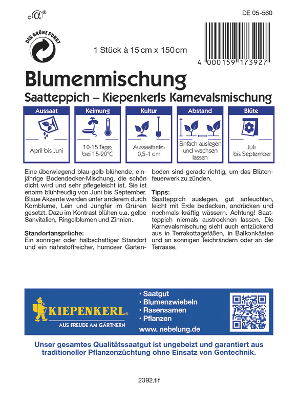 Saatmatte Balkonkasten Blumen Kiepenkerl 15x150 cm