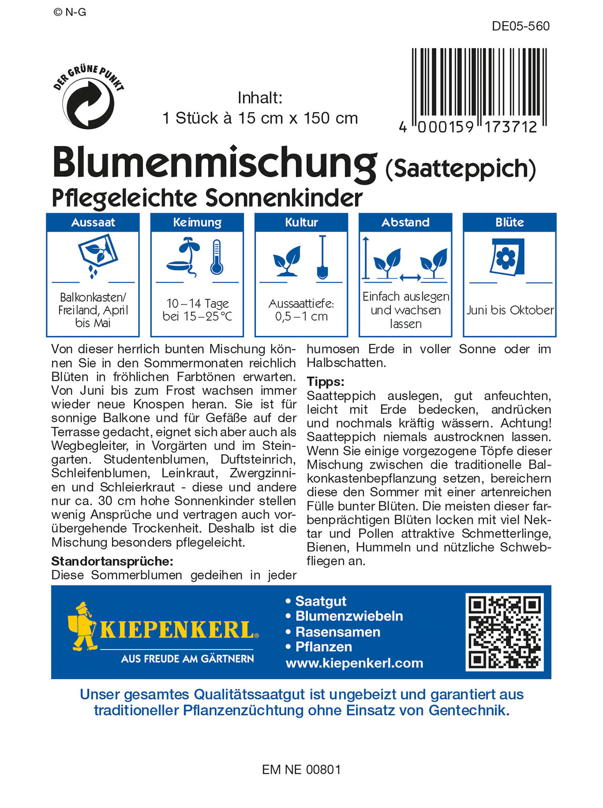 Drought resistant flowers seed mat Kiepenkerl 15x150 cm